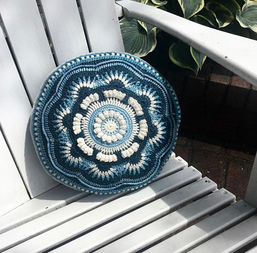 Full picture of the Ravenna Cushion in Midnight Sky, Eco-Fusion Yarn by Nurturing Fibres