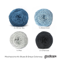 Load image into Gallery viewer, Nurturing Fibres Mochaccino Shawl in Blues and Greys
